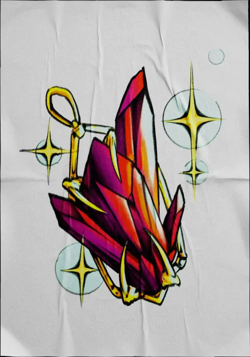 Diseño de tatuaje a color sobre tela: un racimo de cristales morados con destellos dorados.