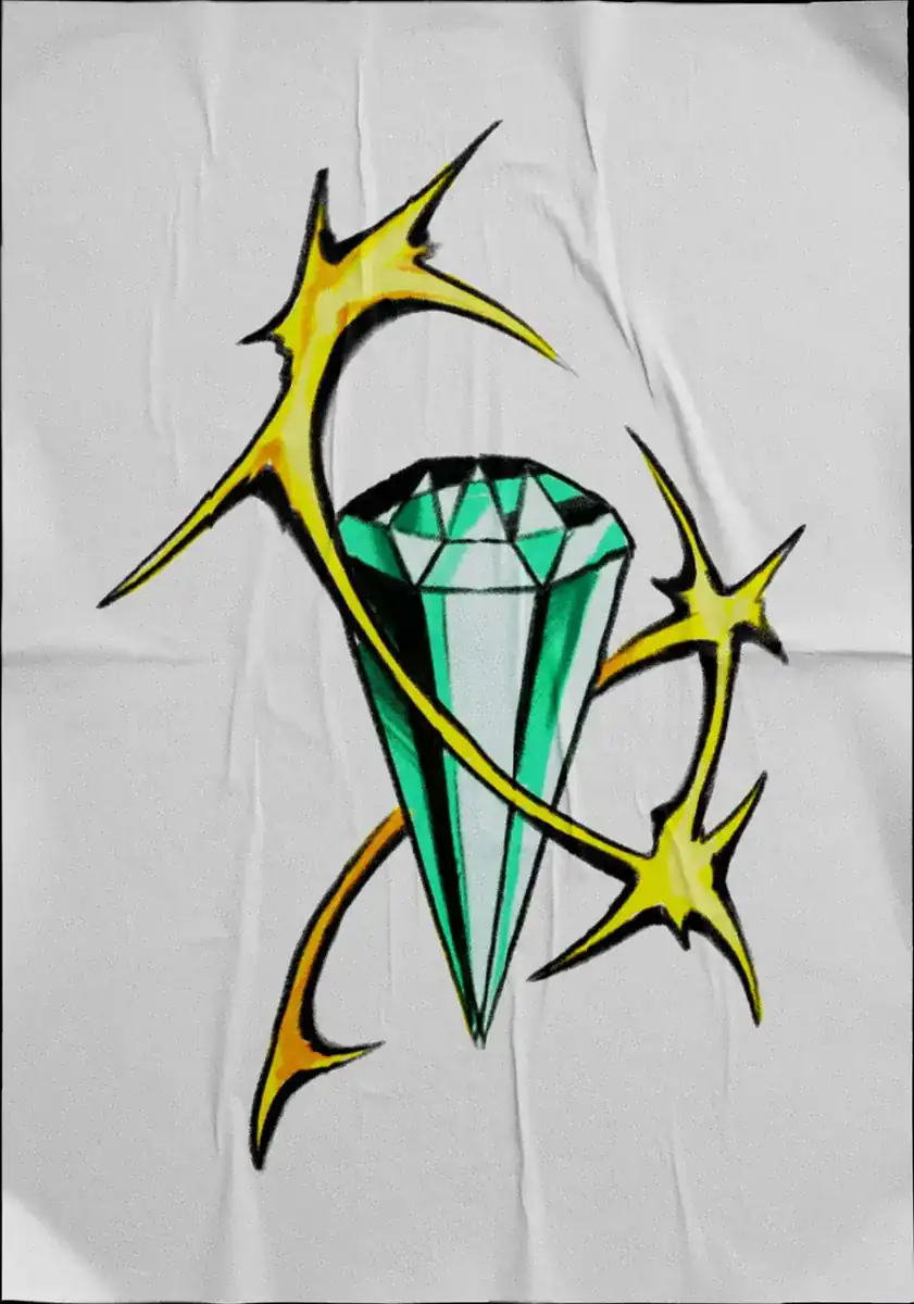 Diseño de tatuaje a color sobre tela: un diamante verde con destellos dorados.
