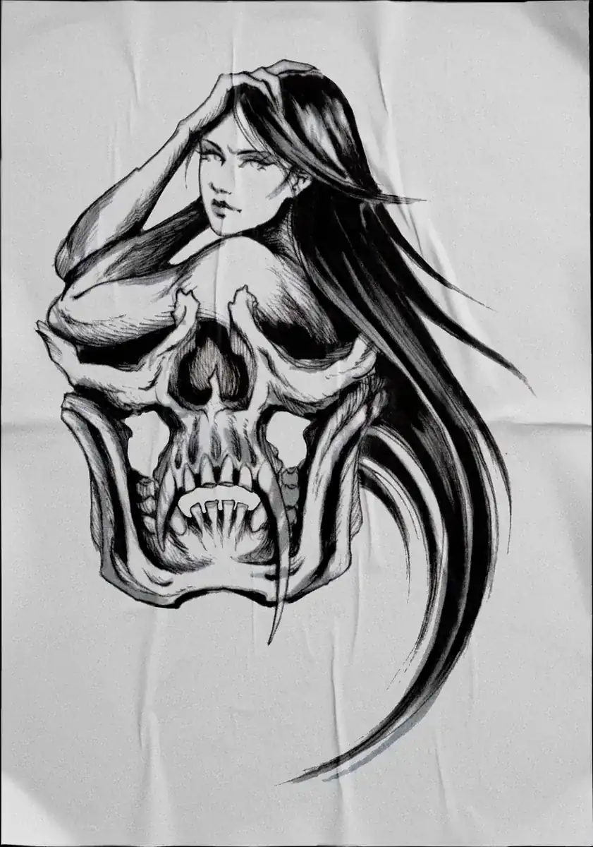 Diseño de tatuaje en negro sobre tela: calavera con una figura femenina.