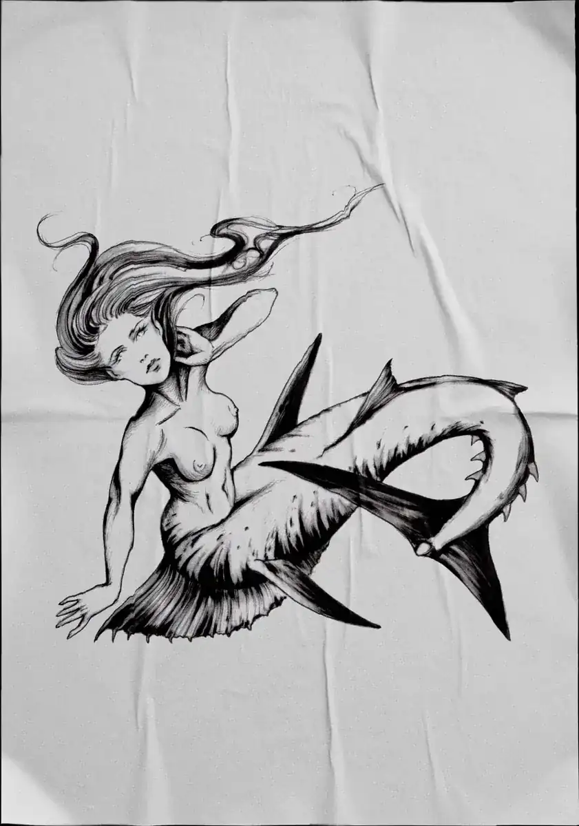 Diseño de tatuaje en negro sobre tela: sirena con cola de escamas.