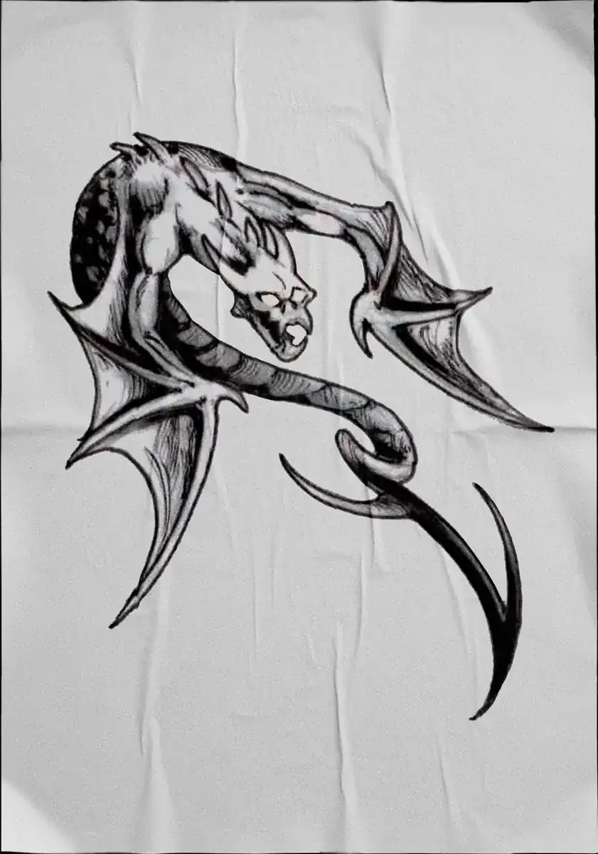 Diseño de tatuaje en negro sobre tela: dragón de alas membranosas y cola enroscada.
