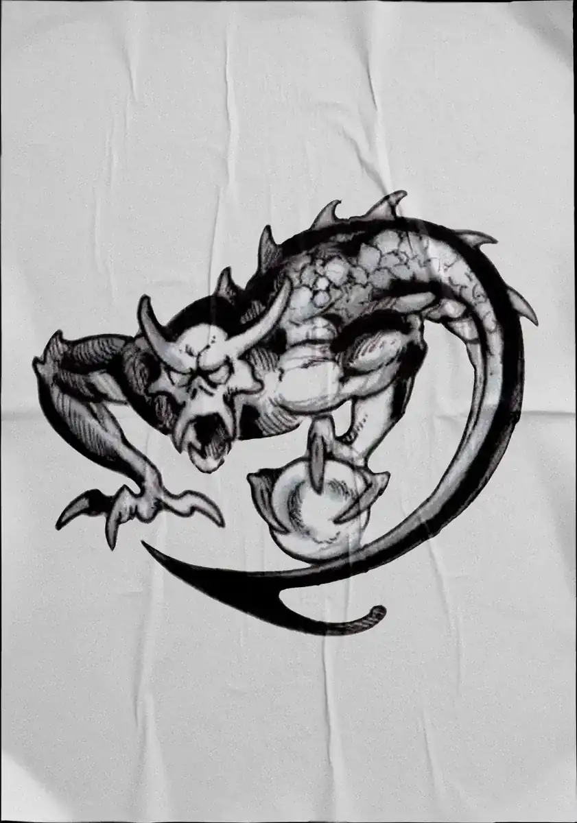 Diseño de tatuaje en negro sobre tela: dragón con alas de murciélago enroscado.