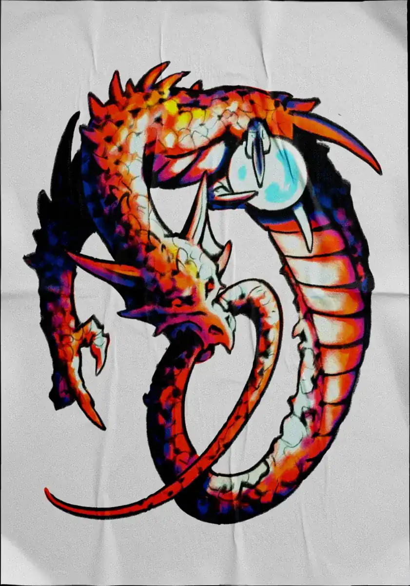 Diseño de tatuaje a color sobre tela: dragón rojo enroscado sobre sí mismo.