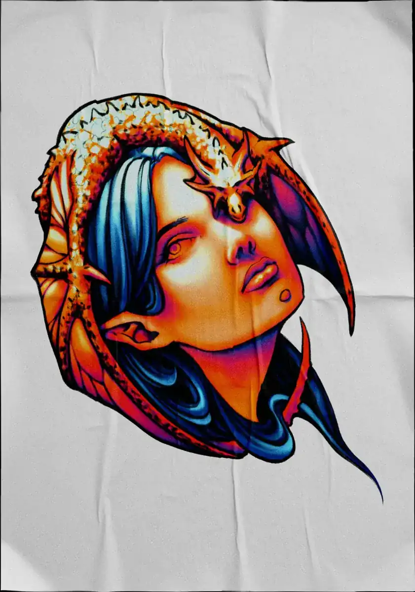 Diseño de tatuaje a color sobre tela: retrato de elfa de pelo azul con tocado.