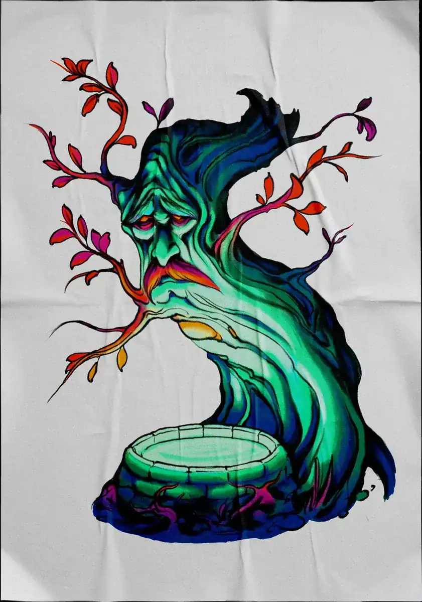Diseño de tatuaje a color sobre tela: espíritu verde brotando de un tocón con ramas.
