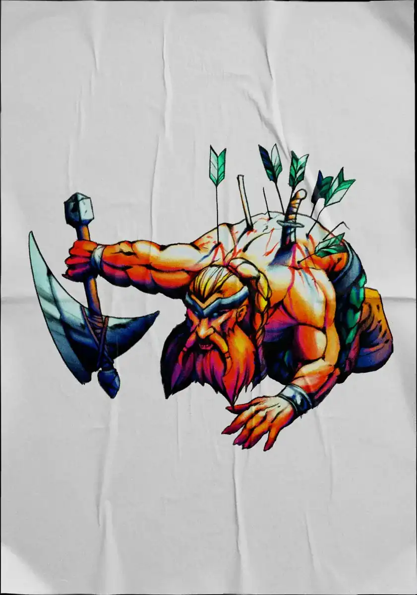 Diseño de tatuaje a color sobre tela: un guerrero atravesado por flechas empuñando un hacha.