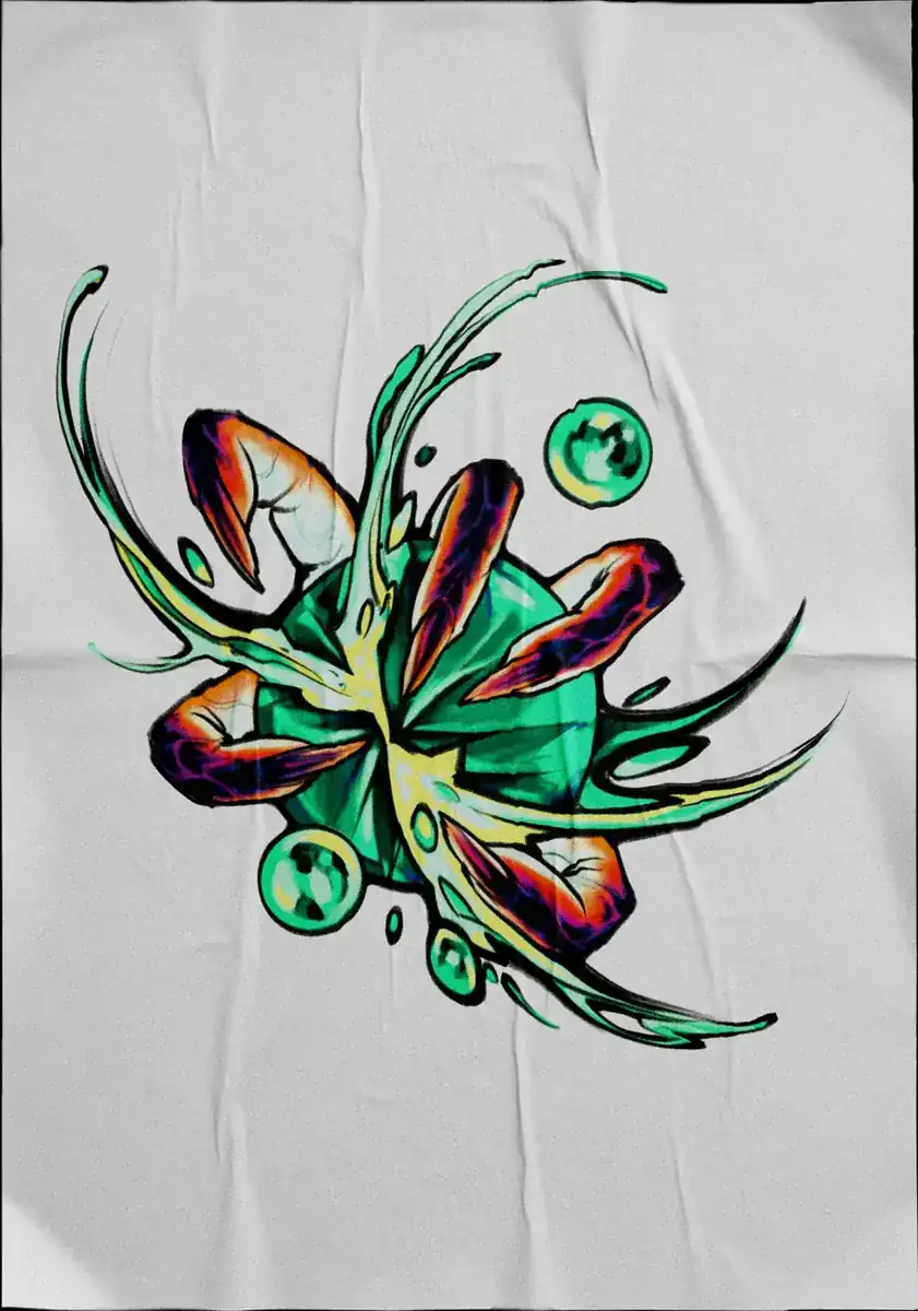Diseño de tatuaje a color sobre tela: hojas verdes con esferas y destellos.