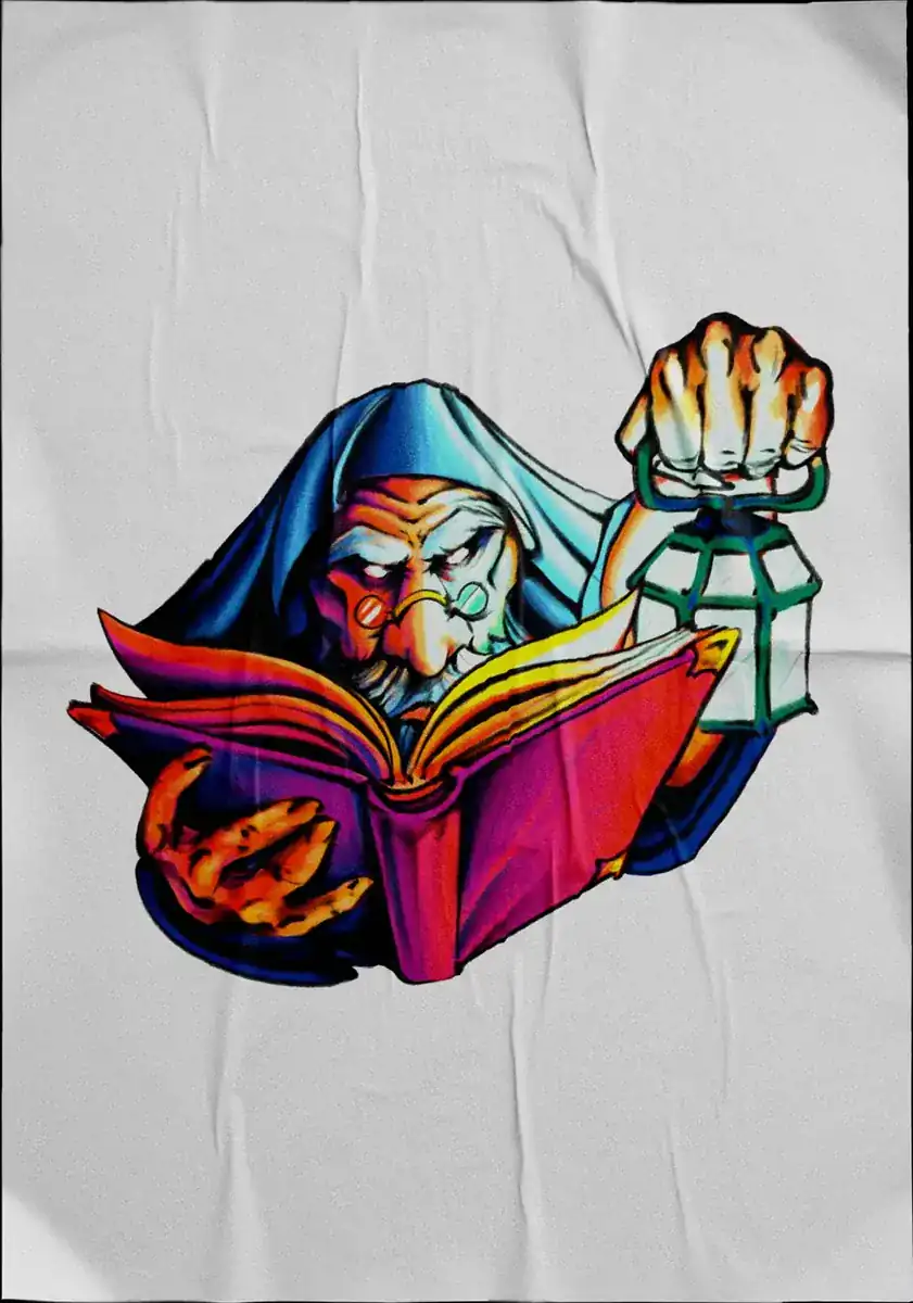 Diseño de tatuaje a color sobre tela: un mago encapuchado leyendo un libro abierto.