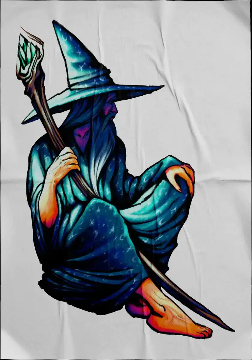 Diseño de tatuaje a color sobre tela: mago sentado con sombrero puntiagudo y bastón.