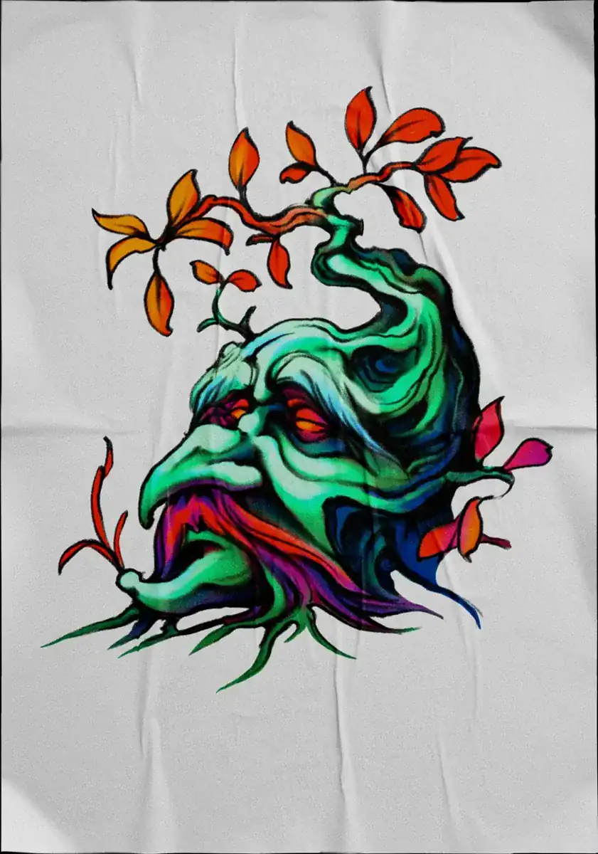 Diseño de tatuaje a color sobre tela: máscara de demonio verde entre ramas con hojas rojas.