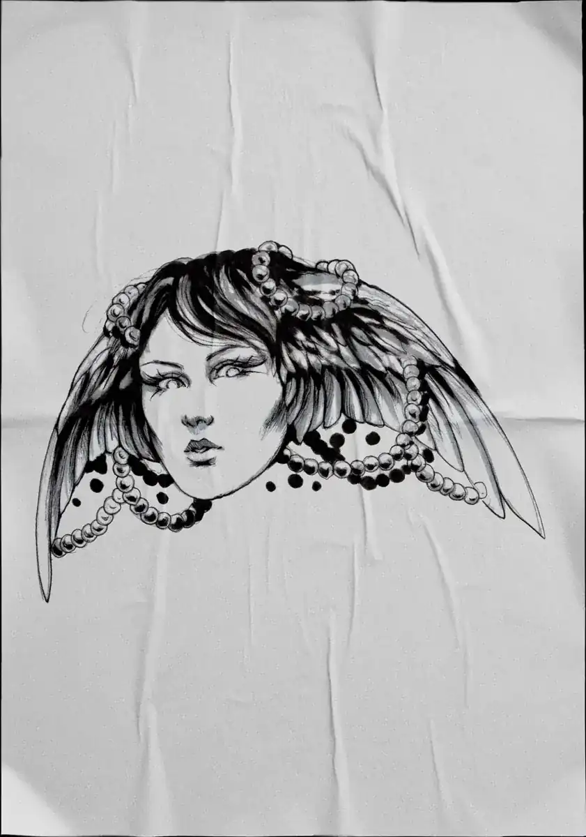 Diseño de tatuaje en negro sobre tela: rostro de mujer con alas y flores.
