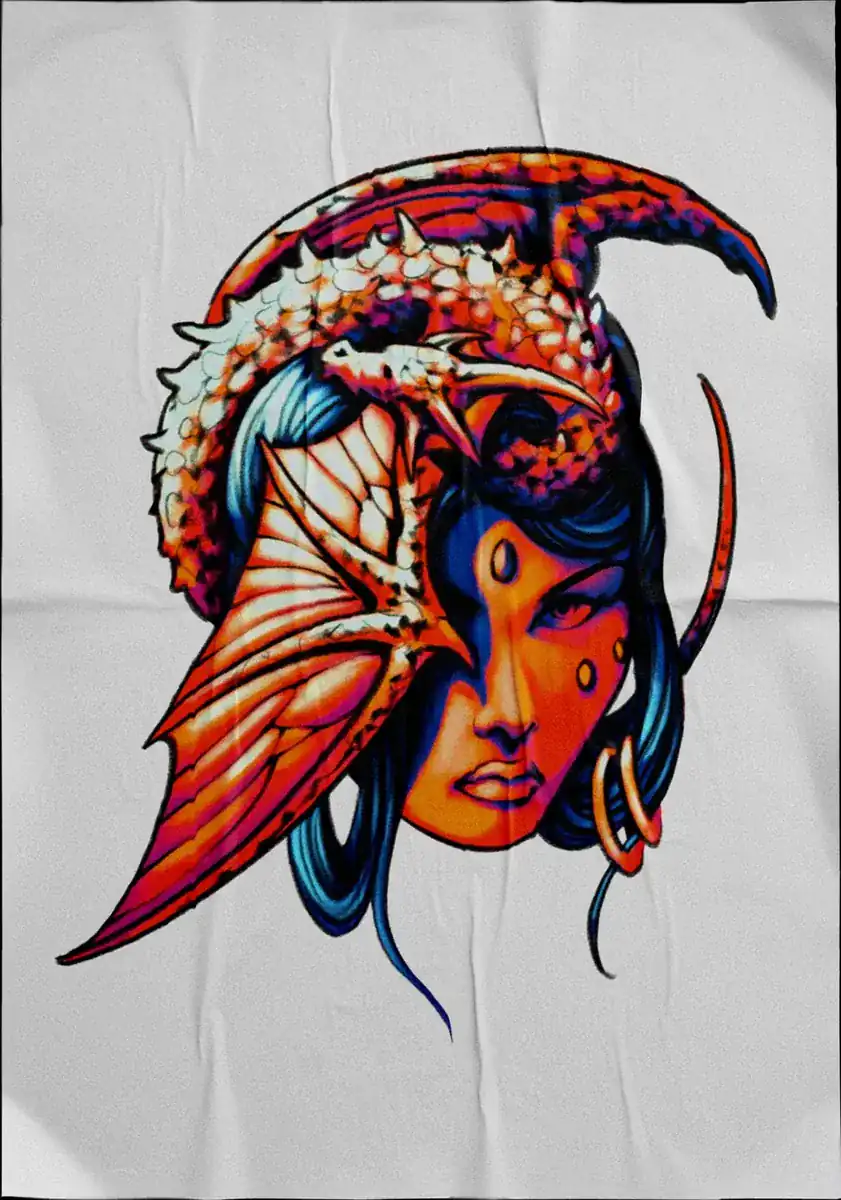 Diseño de tatuaje a color sobre tela: retrato de mujer con casco de dragón rojo.