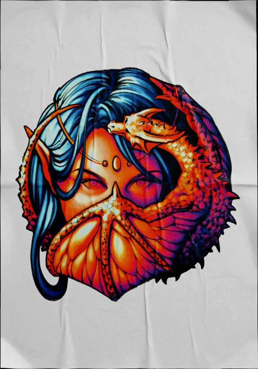 Diseño de tatuaje a color sobre tela: rostro de mujer dentro de una concha naranja.
