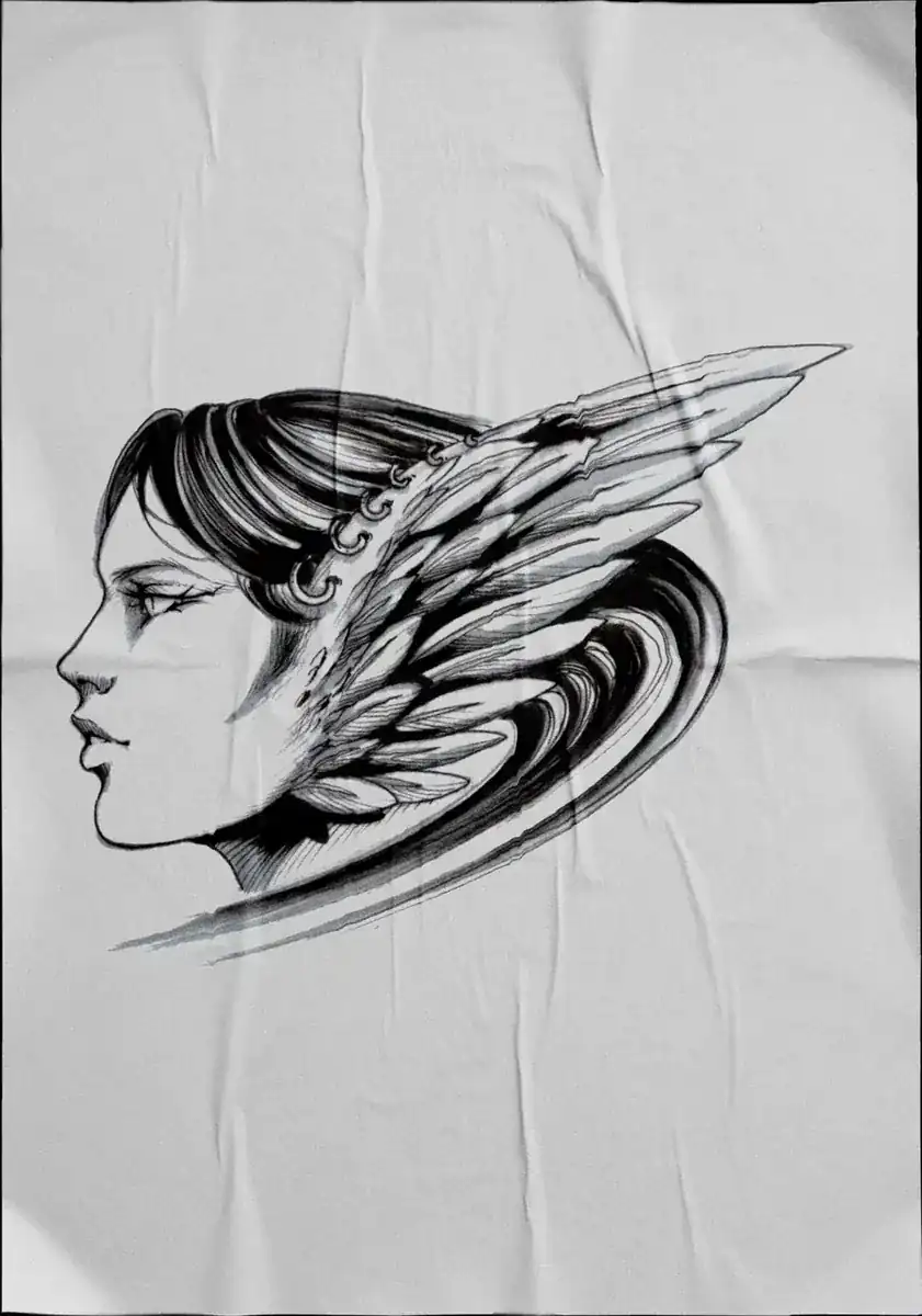 Diseño de tatuaje en negro sobre tela: perfil de mujer con casco alado.