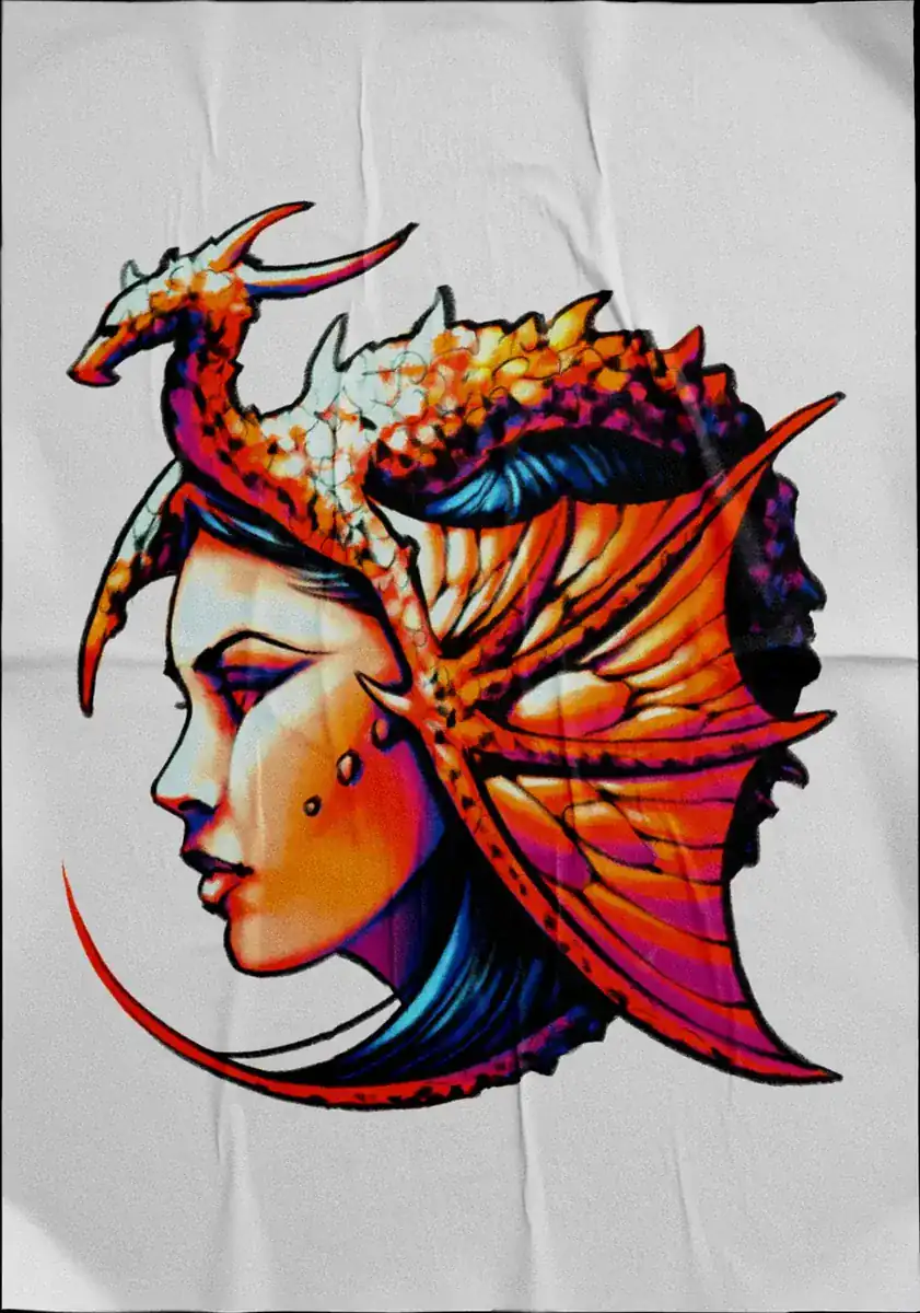 Diseño de tatuaje a color sobre tela: perfil de mujer con tocado de dragón naranja.