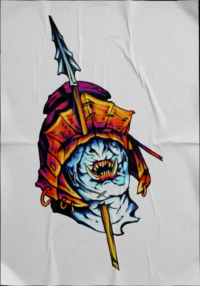 Diseño de tatuaje a color sobre tela: pez de fauces abiertas atravesado por una lanza y un escudo.
