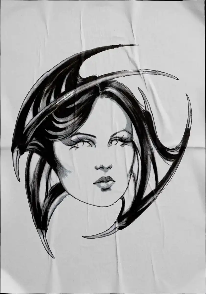 Diseño de tatuaje en negro sobre tela: retrato de mujer de melena larga y mirada al frente.