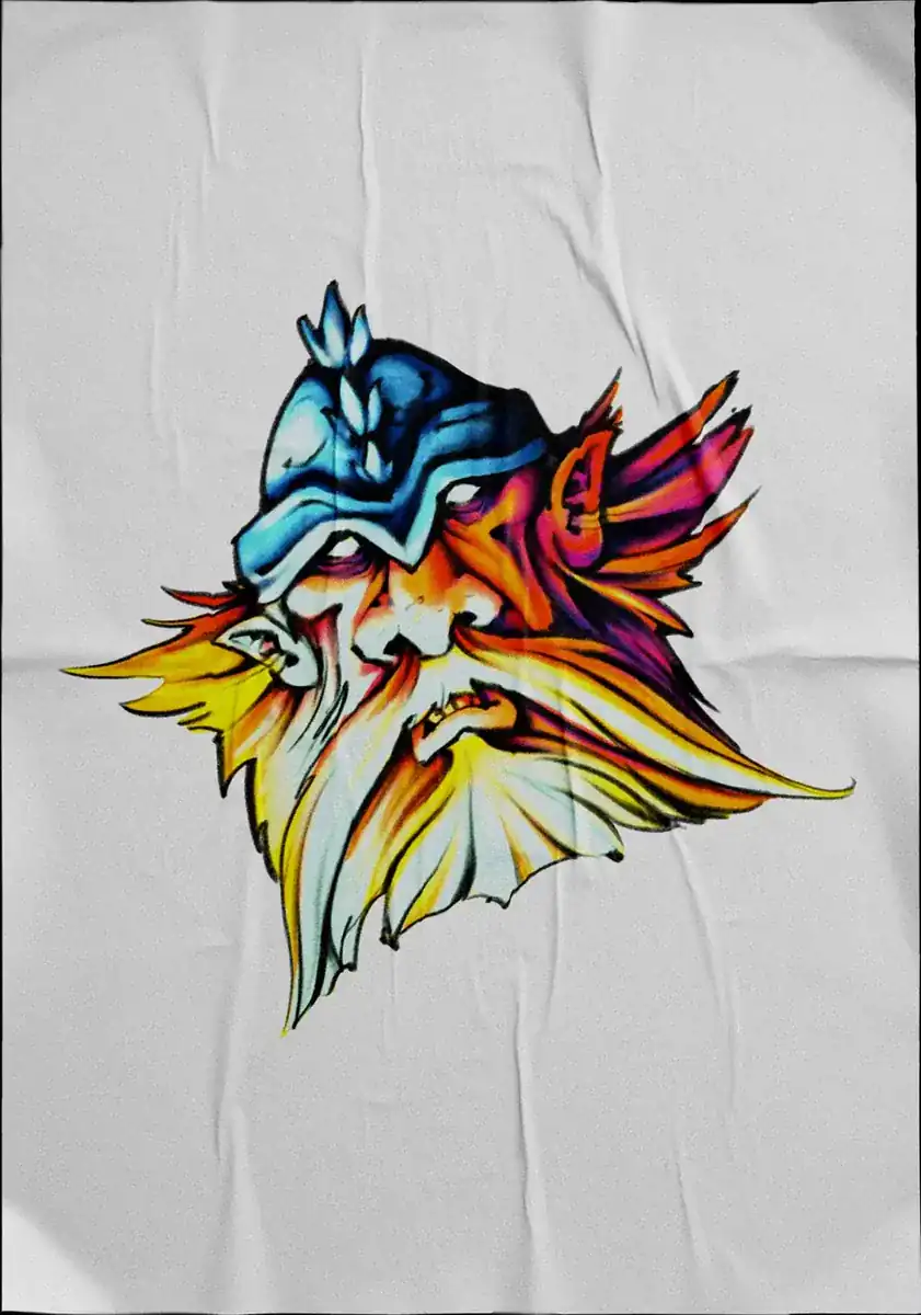 Diseño de tatuaje a color sobre tela: busto de un rey barbado con casco alado.