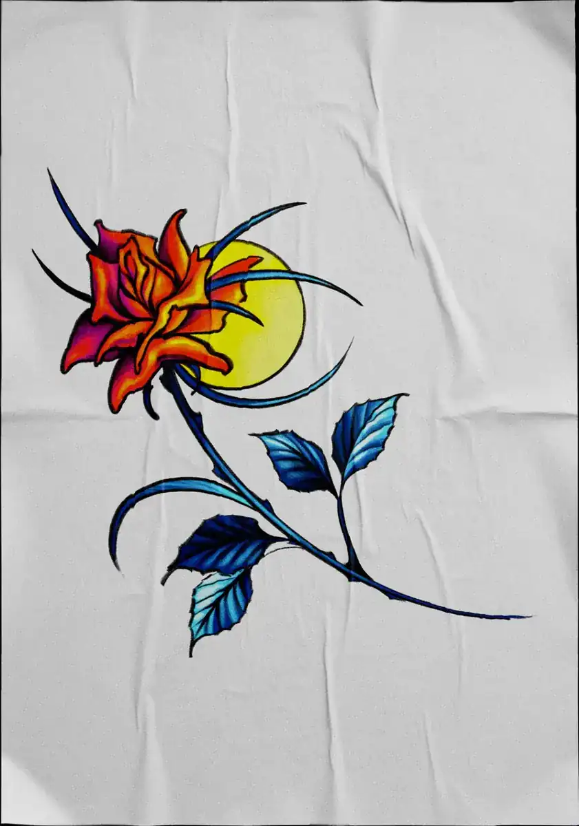 Diseño de tatuaje a color sobre tela: una rosa naranja con hojas azules y tallo espinado.