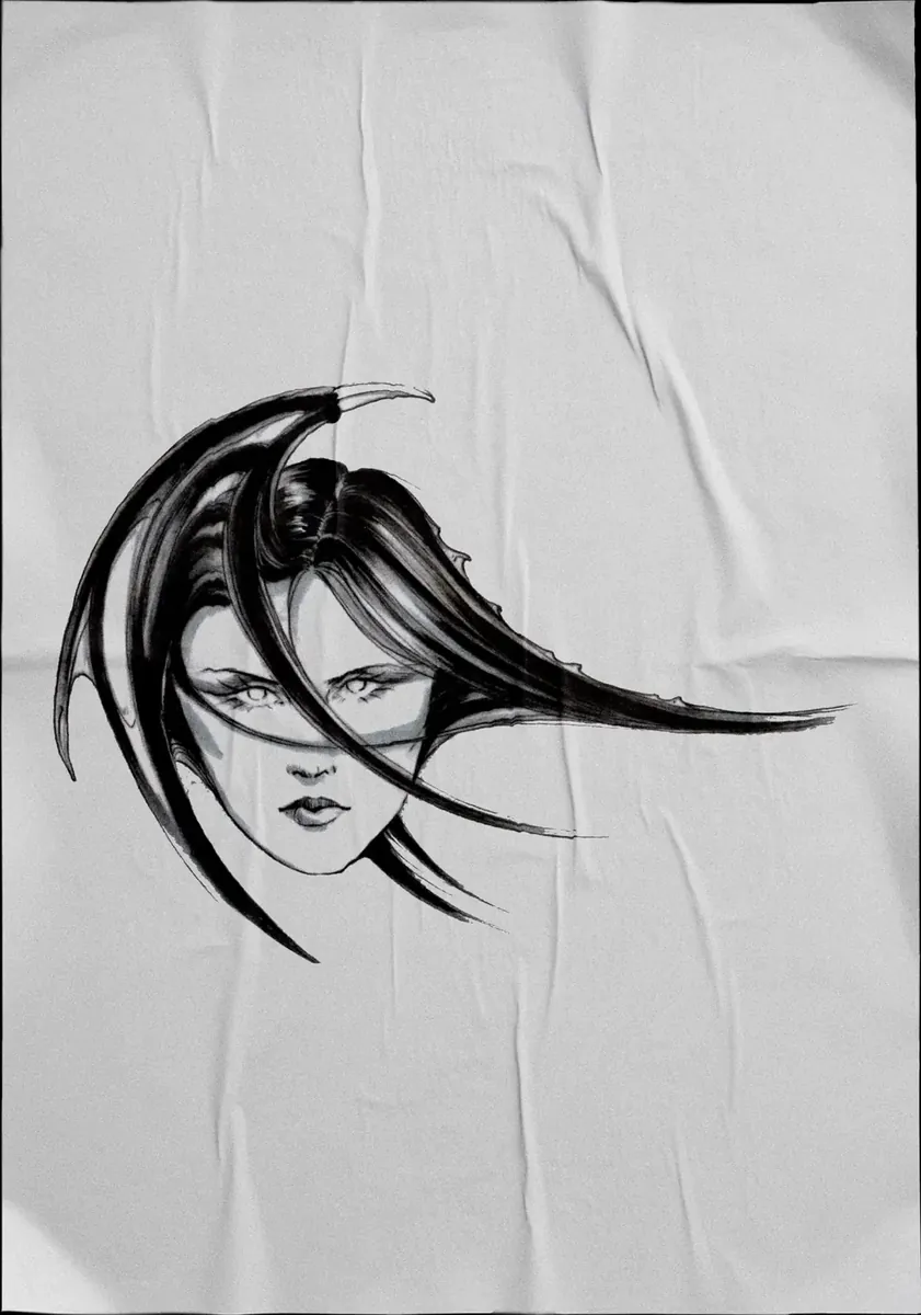 Diseño de tatuaje en negro sobre tela: rostro de mujer de melena larga al viento.