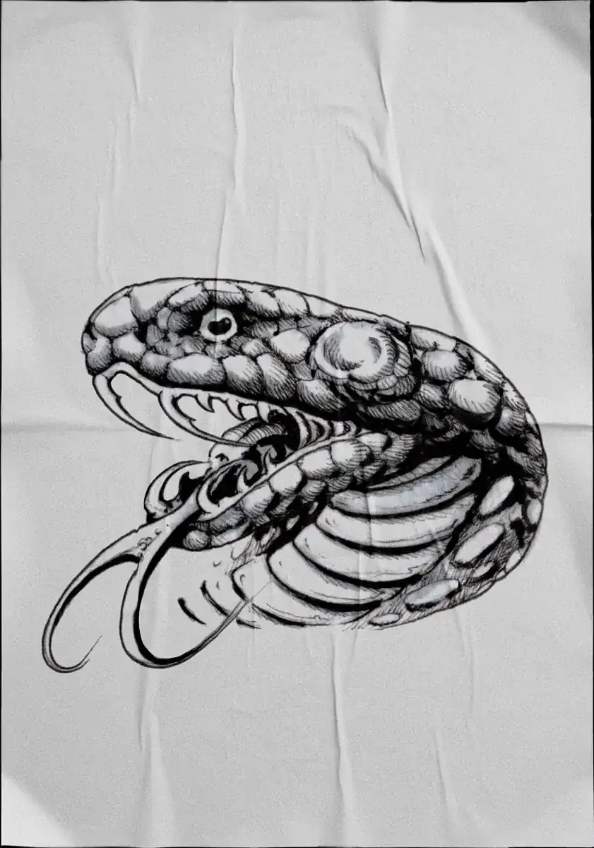Diseño de tatuaje en negro sobre tela: serpiente de escamas con la boca abierta.