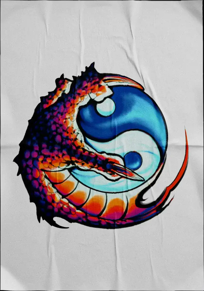 Diseño de tatuaje a color sobre tela: yin-yang formado por un dragón azul y otro naranja.