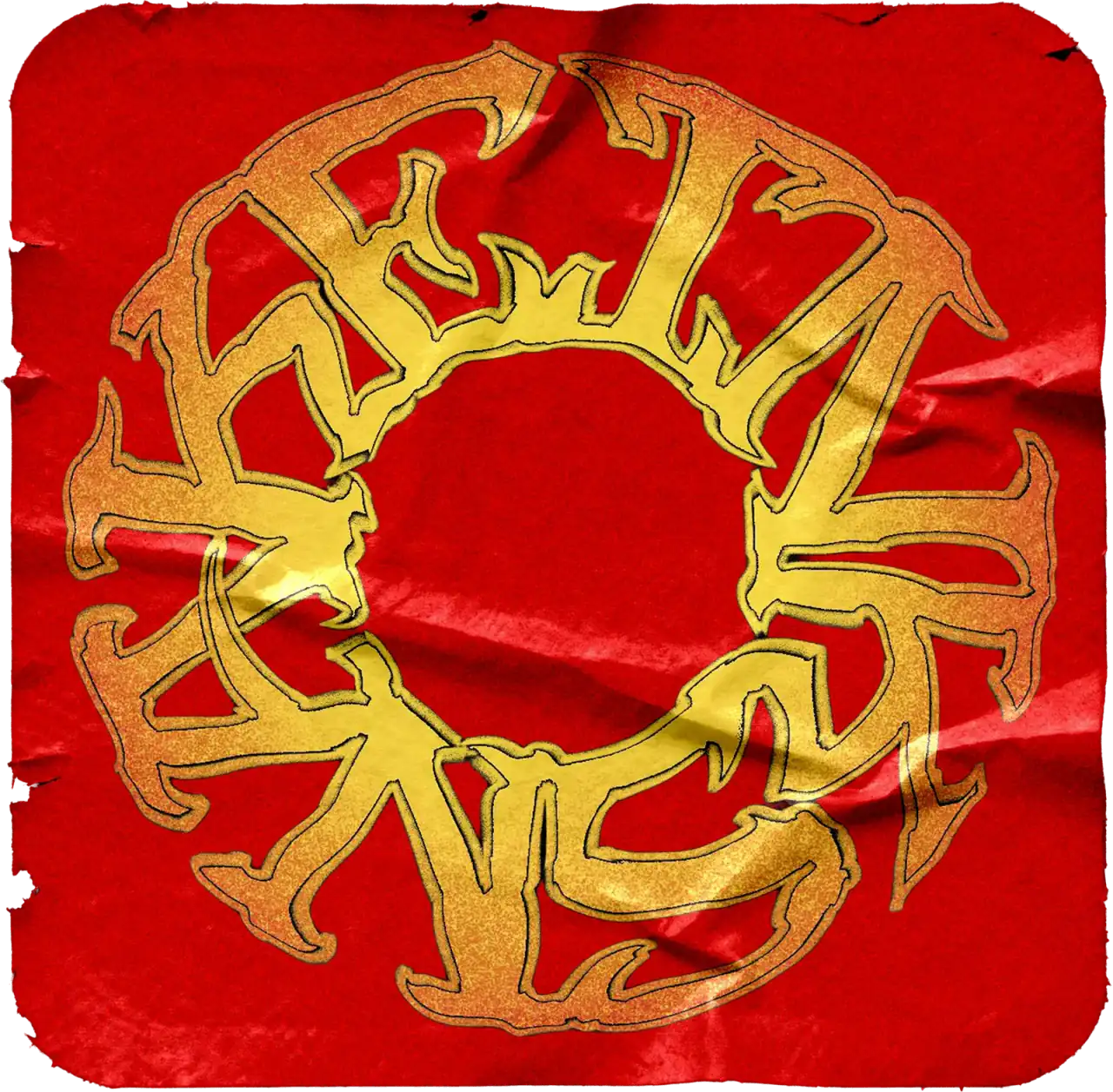 Emblema solar de InkSnake en dorado sobre papel rojo arrugado.