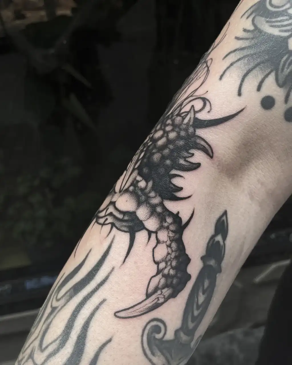 Antebrazo: la garra acorazada de una criatura, trabajada en black & grey y rodeada de volutas neotribales.