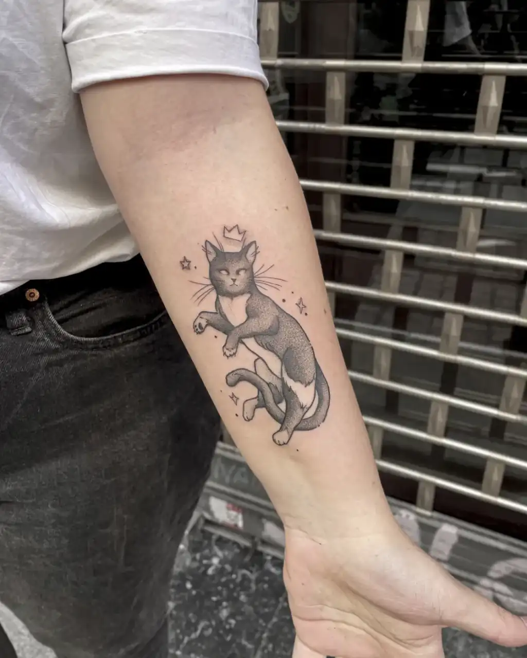 En el antebrazo, un gato coronado entre estrellas, de línea fina con relleno en dotwork.