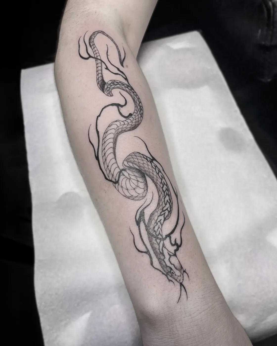 Antebrazo recorrido por una serpiente enroscada entre volutas, de línea fina con escamas en dotwork.