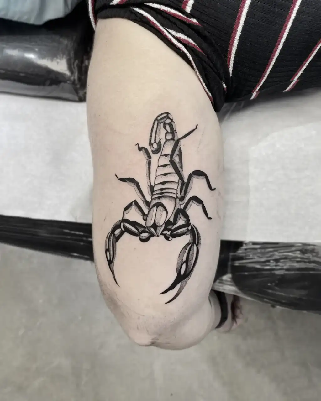 Codo con un escorpión de pinzas afiladas, en blackwork y con el sombreado resuelto a puntos en dotwork.