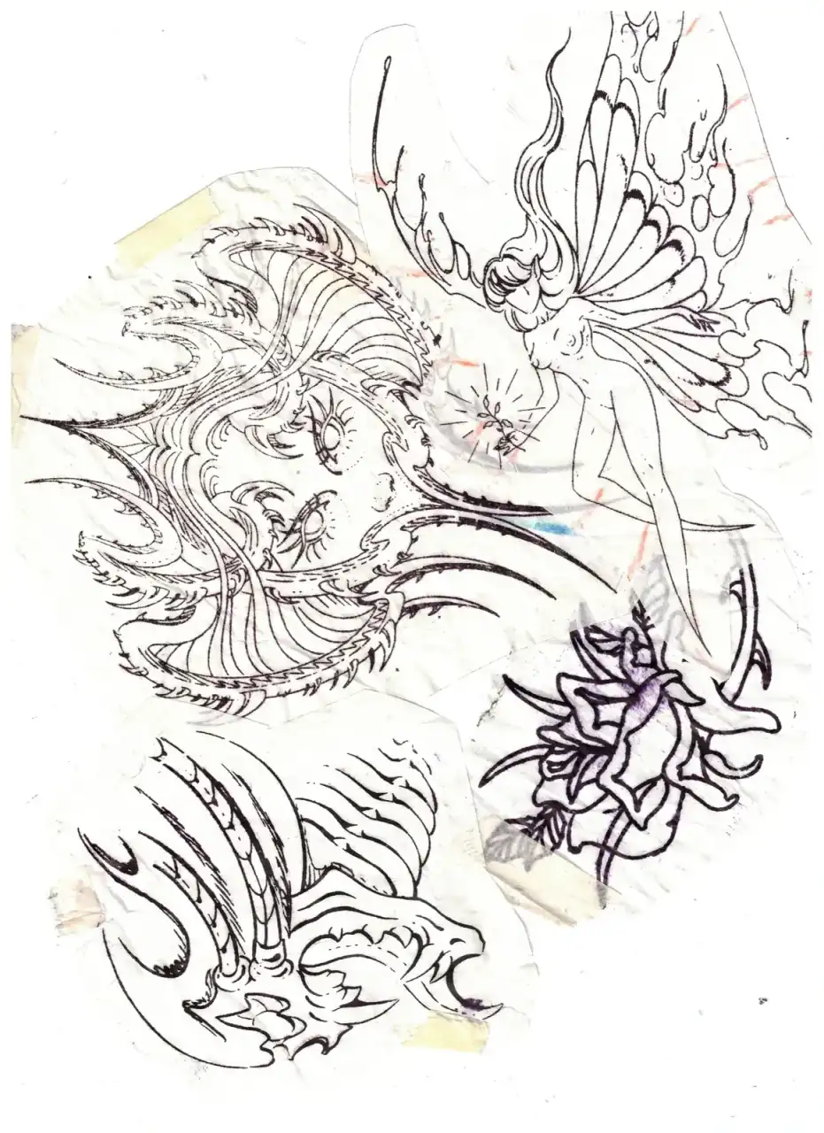 Hoja de calco de InkSnake: máscara ornamental, hada y cabeza de gárgola.