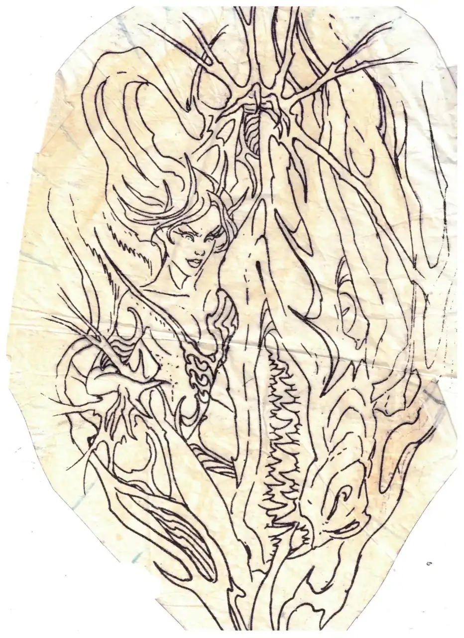 Hoja de calco de InkSnake: estarcido a página completa de una guerrera de fantasía oscura.
