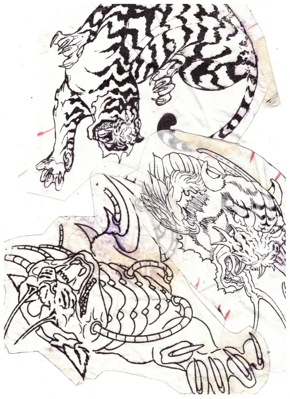 Hoja de calco de InkSnake: tigre japonés, dragón oriental y calavera biomecánica.