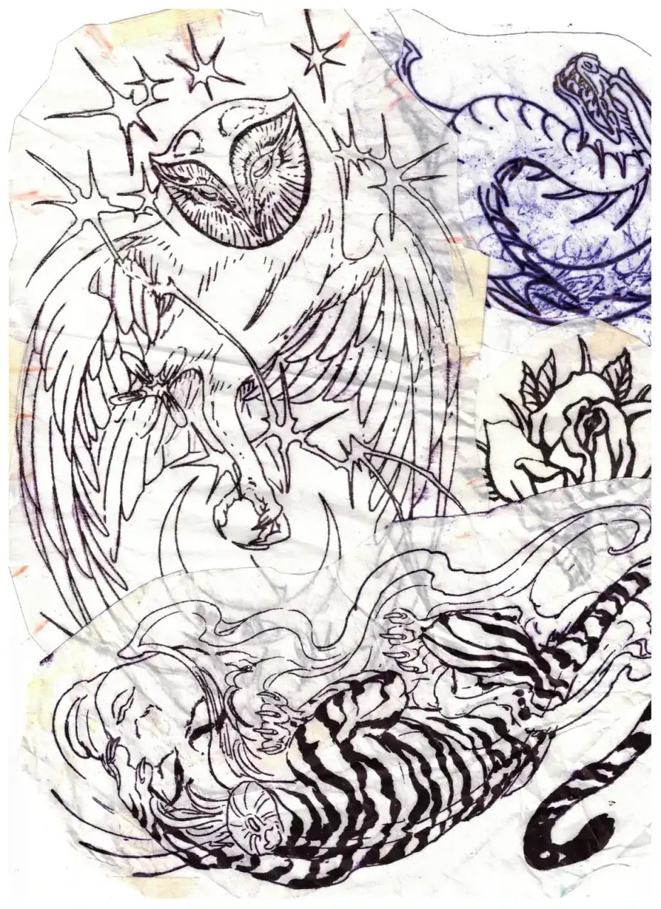 Hoja de calco de InkSnake: búho, serpiente, rosa y tigre.