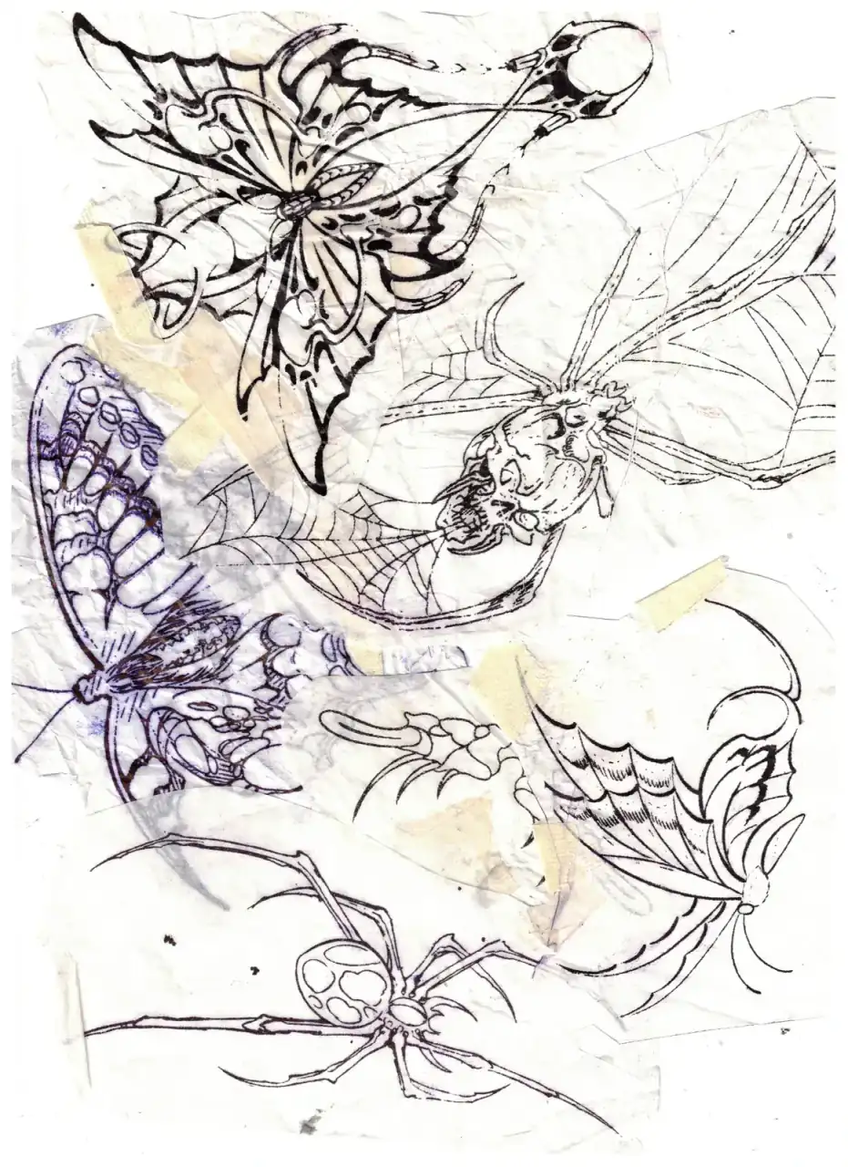 Hoja de calco de InkSnake: mariposa con calavera, libélula y araña.