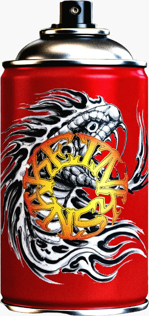 Maqueta de bote de spray rojo con el emblema circular de InkSnake y una serpiente.
